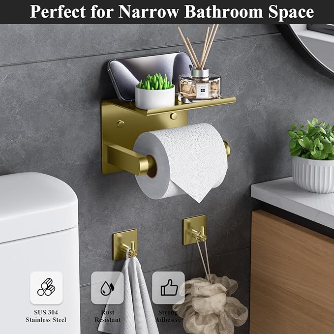 Tindbea Toilet Paper Holder Wall Mount + Towel Robe Hooks, Adhesive or Screw Wall Mounted Toilet Paper Roll Holder with Shelf, Stainless Steel Bathroom Organizers and Storage Kit (Brushed Gold)