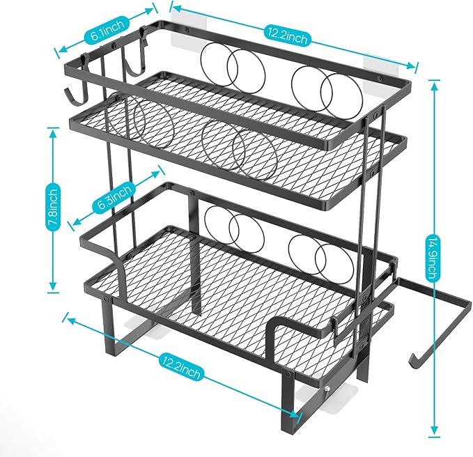 Over The Toilet Storage，Bathroom Shelves Over Toilet,2 Tier Above Toilet Storage with Hanging Hook & Toilet Paper Holder,Non-Trace Adhesive, No Drilling Toilet Organizer (Black)