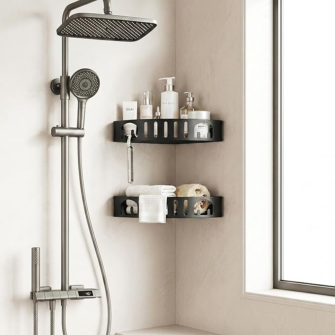 Adhesive Corner Shower Shelf No Drill | Rust-Proof Aluminum Alloy Stick On Bathroom Organizer with Shaving Holder for Shampoo, Conditioner, Soap, Razors Black 3Pack
