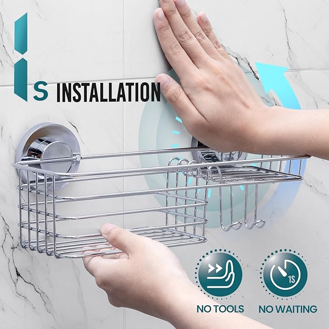 TAILI Shower Caddy with Suction Cups, Wall Mounted Organizer for Small Bathrooms, Kitchen, Removable Drill-Free Heavy Duty Shelf Basket, Silver