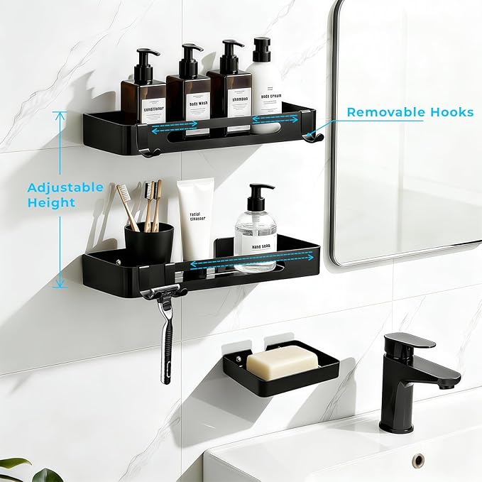 Shower Caddy Adhesive, 3 Pack Rustproof 304 Stainless Steel Bath Organizers, No-Drill Shower Shelves Soap Holder for Bathroom Storage, Black