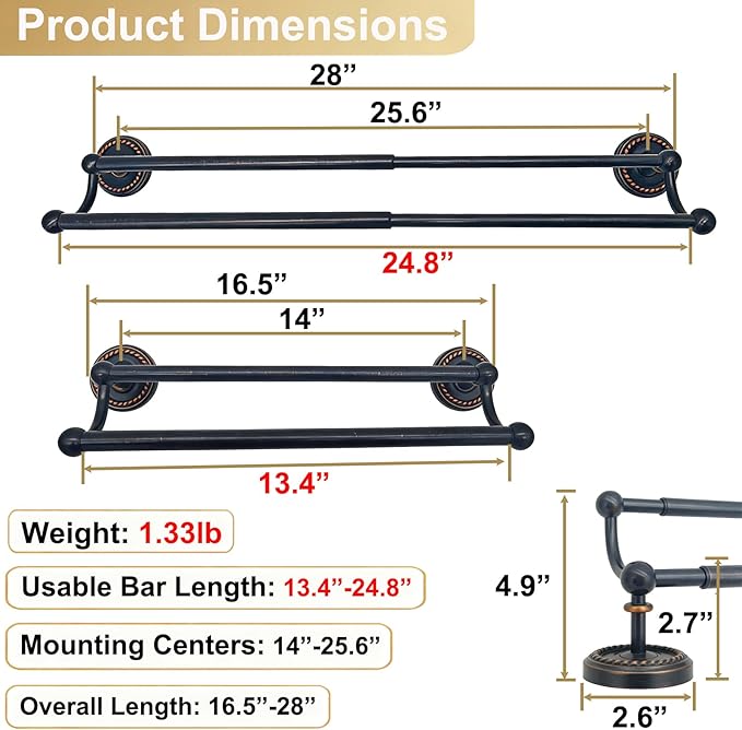 Double Towel Bar, Antique Brass Towel Racks for Bathroom Wall Mount, Adjustable Vintage Black Towel Bar 13.4"-24.8" Usable Bar Length, Heavy Duty Rustproof Bathroom Towel Rod Holder for Kitchen