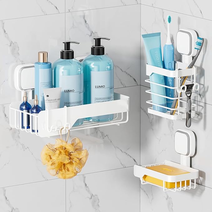 TAILI Shower Caddy Suction Cup 3 Pack, Stainless Steel Rustproof Shelves with Soap Holder Set, Drill-Free Wall Mounted Basket, Heavy Duty Removable Bathroom Organizers & Home Decor, White
