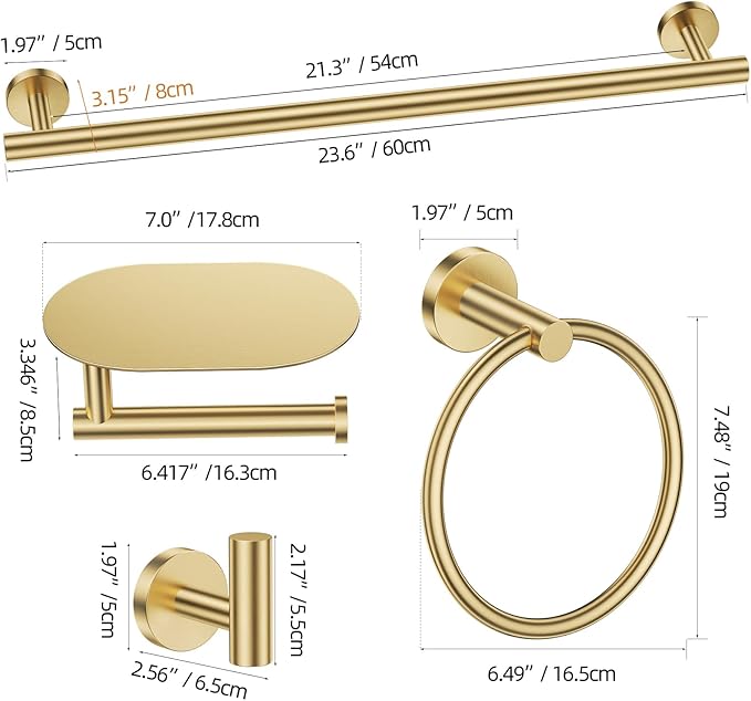 TURS Brushed Gold 5 Piece Bathroom Hardware Set, SUS304 Stainless Steel Bath Towel Bar Set, Bathroom Towel Rack Set Wall Mounted