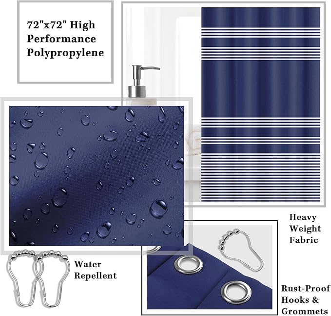 Britimes Bathroom Accessories Sets, Blue Shower Curtain Set with Trash Can, Soap Dispenser, Toilet Brush Holder, Toothbrush Holder and Toothbrush Cup for Bathroom Decor 72"*72"