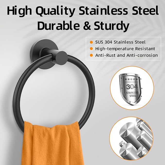 Matte Black Towel Ring 4Pack, SUS304 Stainless Steel Hand Towel Holder for Bathroom Kitchen, Modern Style Towel Hanger, Thicken Ring Towel Holder, Towel Rack Round Wall Mounted