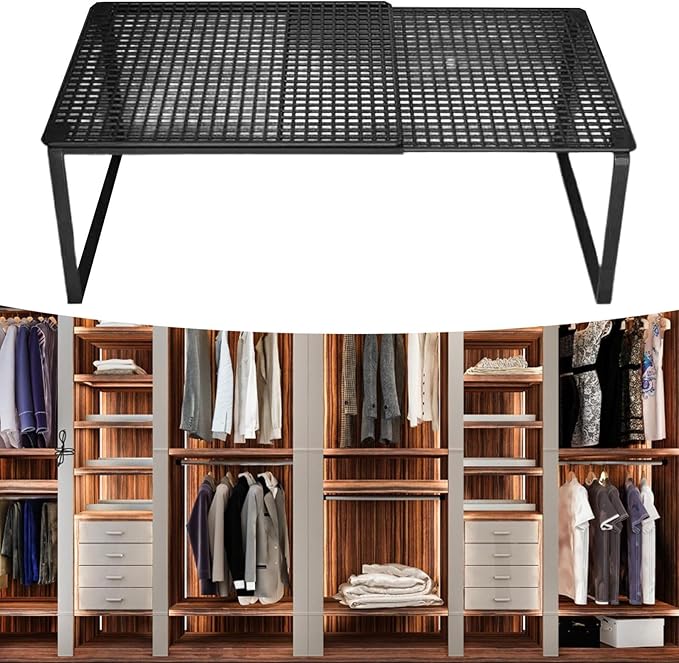 Expandable Cabinet Storage Shelf Adjustable Organizer Rack Stand Riser for Under Sink Wardrobe Books Dorm Kitchen- Black 50 to 85cm