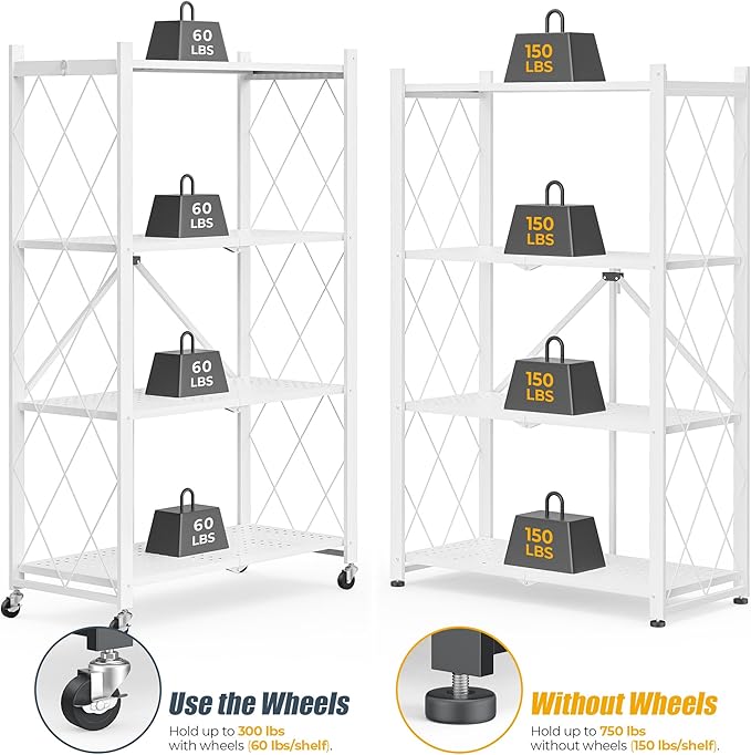 Foldable Metal Storage Shelf with Wheels 4 Tier Heavy Duty Utility Rack 750lbs Capacity Easy Assembly Portable Black Shelving Unit for Kitchen Garage Living Room Office(White-A, 4-Tier)