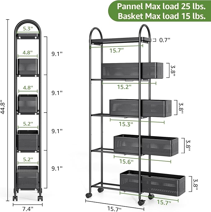 5-Tier Slim Storage Cart with Drawer, Rolling Utility Cart on Wheels, Narrow Metal Cart for Space Save, Lockable Wheels, Easy Assembly for Kitchen Cart, Craft Cart, Nursery Organizer, Laundry