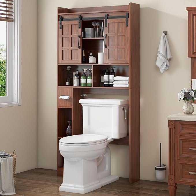 Halitaa Over The Toilet Storage Cabinet, Farmhouse Storage Cabinet Over Toilet with Sliding Doors，Home Space-Saving Toilet Rack, for Bathroom, Restroom, Laundry. Walnut