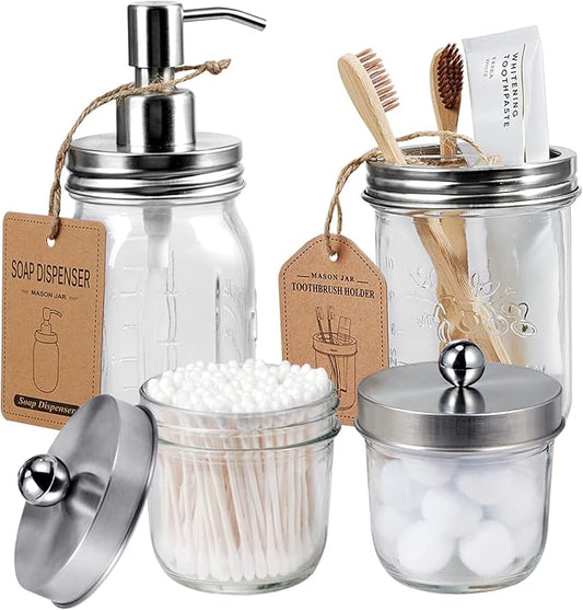 Amolliar Mason Jar Bathroom Accessories Set(4 Pack) - Lotion Soap Dispenser&Qtip Holder Set&Toothbrush Holder-Rustic Farmhouse Decor Apothecary Jar Bathroom Countertop,Vanity Organize (Brushed Nickel)