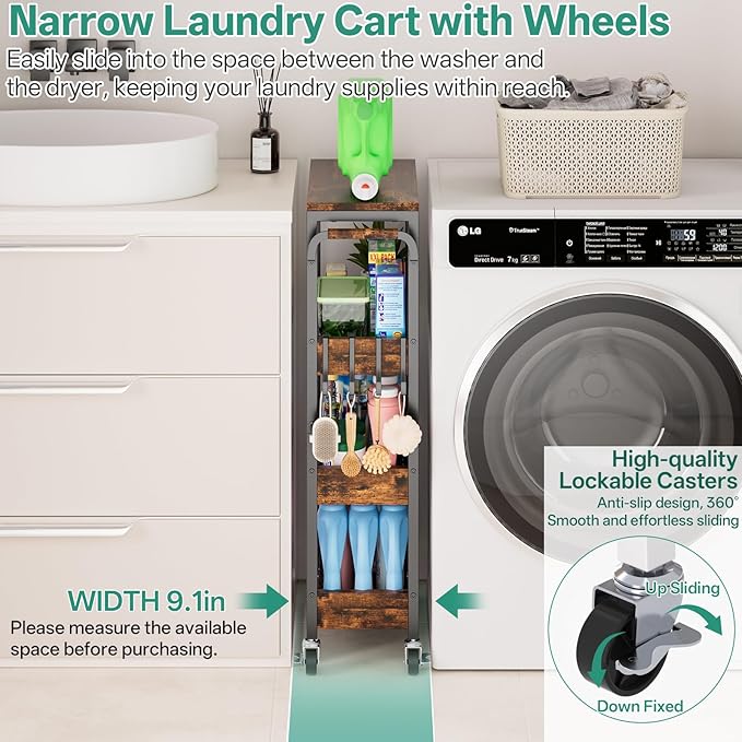 DTUQYX Slim Bathroom Storage Cart, 4 Tier Small Rolling Organizer Cabinet with Wood Top Handle, Mobile Shelving Unit Slide Out for Office, Kitchen, Laundry Room & Narrow Places (9.1" Overall Width)