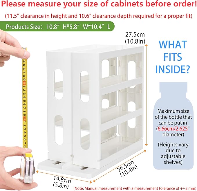 Dutiplus 3-Tier Medicine Organizer Cabinet Storage Rack with Pull-and-Rotate Design for Holding Vitamins, Supplements, Cosmetics 10.82" H x 5.82" W x 10.43" D (Creamy White)