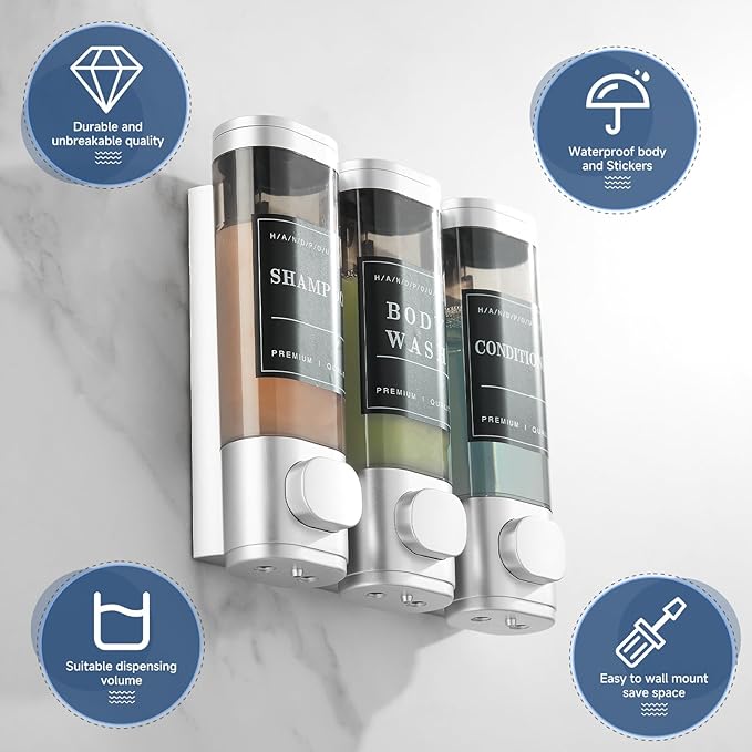 Shower Soap Dispenser Wall Mounted No Drill Shampoo Dispenser for Shower Wall Shampoo and Conditioner Dispenser Bathroom Hotel 3 * 300ml Sliver with Labels