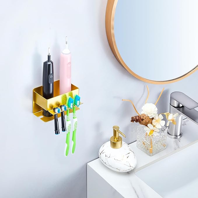 Toothbrush Head Holders, Electric Tooth Brush Head Holder, Adhesive Toothpaste Holder for Shower Bathrooms, Wall Mounted Tooth Brushing Holder Organizer Storage (Gold, Small)