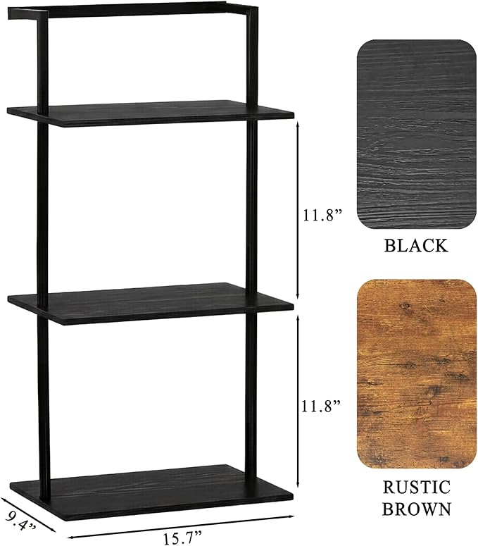 3-Tier Over the Toilet Storage Rack, Metal Wood Wall Mounted Floating Shelves for Bathroom Living Room Office, Black