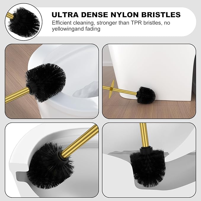 Brass Gold Toilet Brush and Holder Set，Stainless Steel Heavy Duty Toilet Bowl Brush，Extra Long Handled Modern Toilet Cleaner Brush with Replaceable Head, Removable Inner Bowl, and Splash Protection