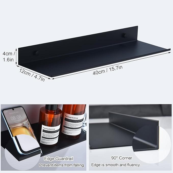 HNVNER Black Shower Shelves Rustproof & Waterproof, 40cm Adhesive Shower Caddy 2 Pack, Metal Bathroom Floating Shelves No Drilling Bathroom Wall Storage Organizer