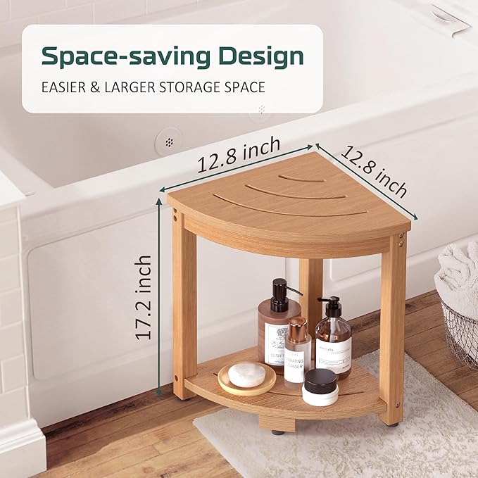 Waterproof Corner Shower Stool for Inside Shower, Poly Lumber Shower Bench Seat Chair, Bath Shower Stool for Shaving Legs Foot Rest with Storage Shelf, Adjustable & Non-Slip Feet, Teak Brown