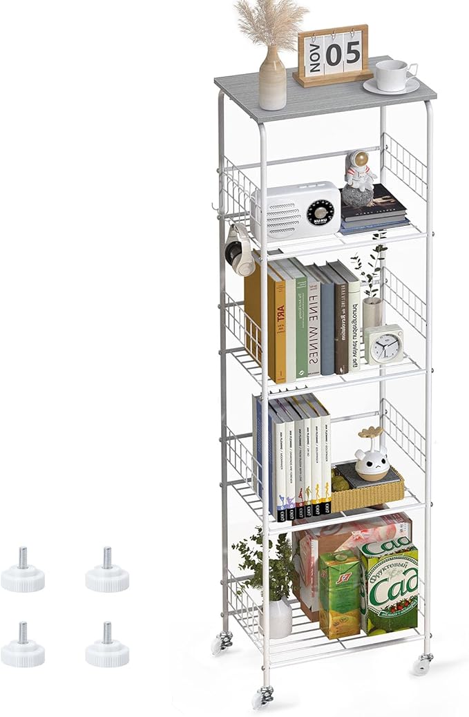 5 Tier Metal Wire Storage Rack with Wooden Top, Versatile Utility Organizer with Casters for Laundry Pantry Bathroom, Kitchen Organizers and Storage Shelving Unit Rolling Utility Carts, Grey