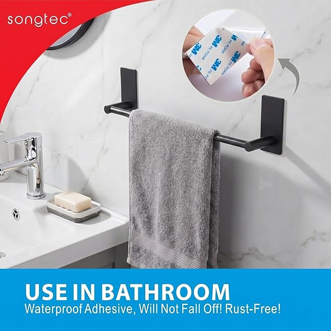Songtec Adhesive Towel Bar Black 16-Inch, Stick On Bath Towel Rack No Drill, Strong Adhesion Tape Mount Towel Holder, Stainless Steel - Black