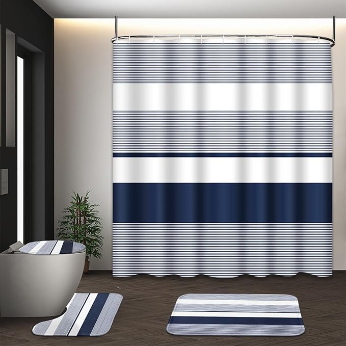 Navy Blue Shower Curtain Set with Toilet Lid Cover and Non-Slip Rugs for Bathroom, Modern Striped Lines 4 Pcs Shower Curtain, Simple Abstract Bathroom Set with 12 Hooks