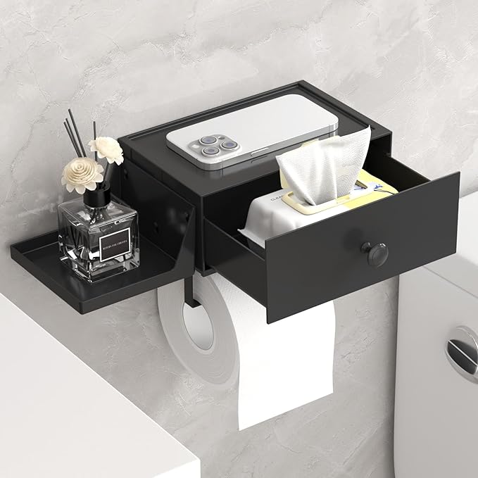 Lifewit Plastic Toilet Paper Holder with Shelf and Drawer, Screw or Adhesive Wall Mount Tissue Roll Storage, Sturdy Bathroom Wipes Dispenser Organizer, Black, 1 Pack