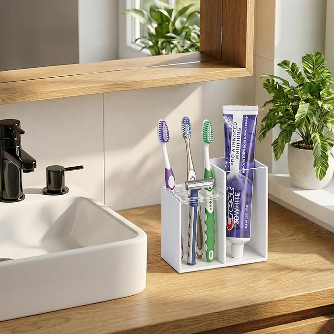 Acrylic Toothbrush Holders for Bathroom, 5 Slots Toothbrush and Toothpaste Storage Organizer Holder, Home Decor for Bathroom Accessories Organizer - White