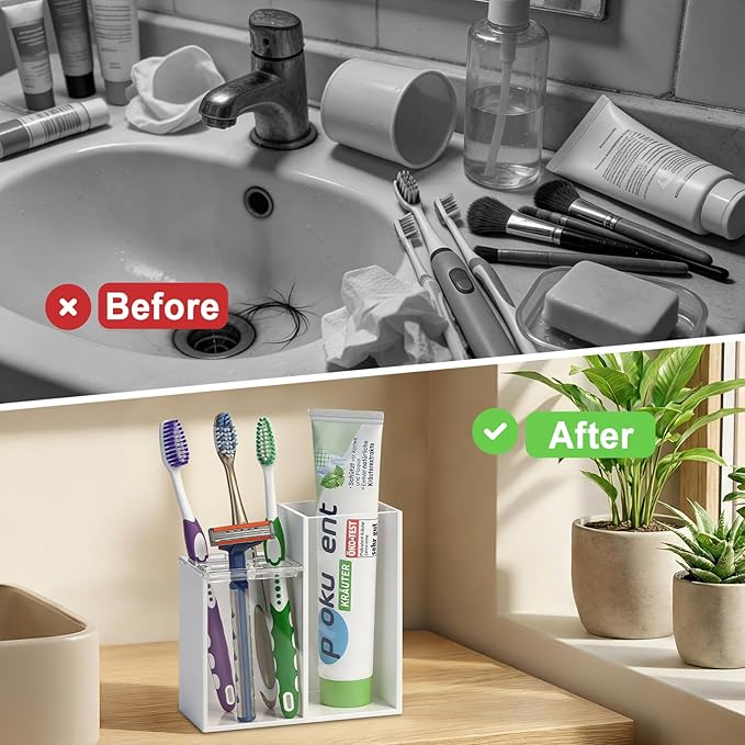 Acrylic Toothbrush Holders for Bathroom, 5 Slots Toothbrush and Toothpaste Storage Organizer Holder, Home Decor for Bathroom Accessories Organizer - White