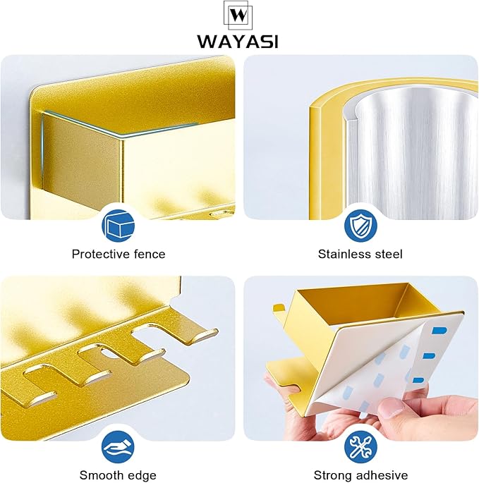 Toothbrush Head Holders, Electric Tooth Brush Head Holder, Adhesive Toothpaste Holder for Shower Bathrooms, Wall Mounted Tooth Brushing Holder Organizer Storage (Gold, Small)