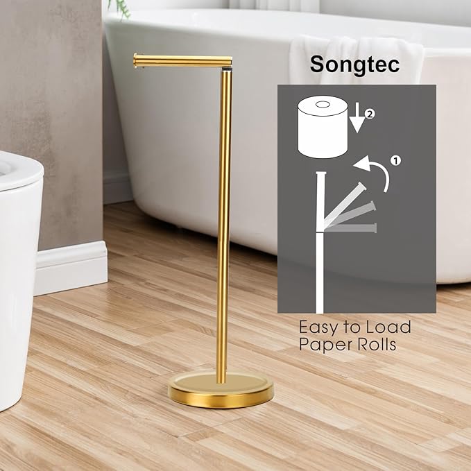 Songtec Gold Toilet Paper Holder Stand, Rust-Proof & Heavy Stainless Steel Base, Sturdy Free Standing for 5 Toilet Paper Rolls Max (Gold)