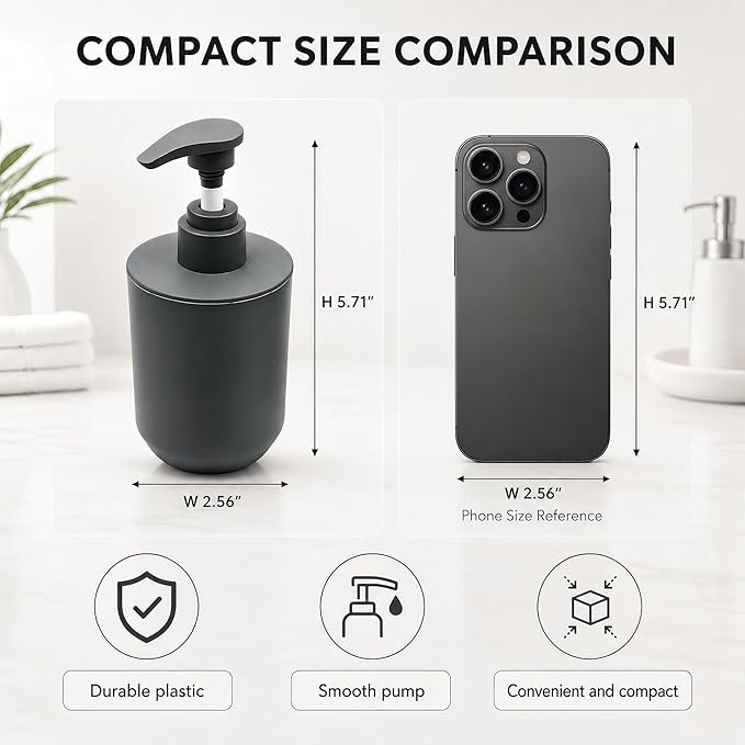 4-Piece Dark Gray Bathroom Accessory Set, Plastic Home Organizer with Lotion Soap Dispenser, Tumbler, Cotton Swab Cup & Vanity Tray – Modern Home Decor for Any Bathroom