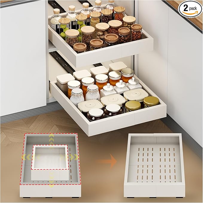 Fokyfok 2Pc Pull out Cabinet Organizer,Width(11"-16"),Depth(17"-24") Expandable No Drill Roll out Drawers,Adhesive Sliding Drawers,Slide out Shelves for Cabinets Without Lip,Kitchen,Pantry,White | Expandable, 3 Rails, No Drill, Roll out Drawers, Slide ...