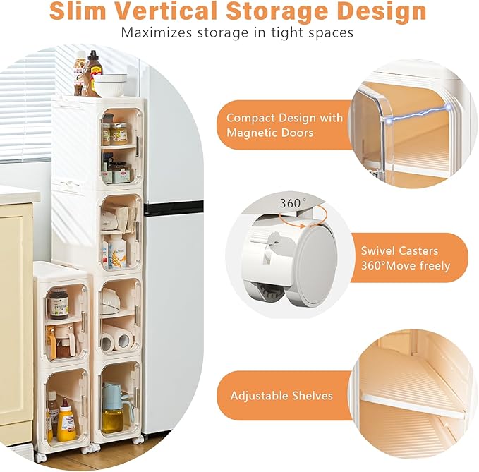 2-Tier Slim Bathroom Storage Cabinet, Narrow Storage Cabinet with Wheels, Adjustable Shelves, Magnetic Doors, Water-Proof, Anti-Tip Skinny Organizer Cabinet for Small Space, Cream White