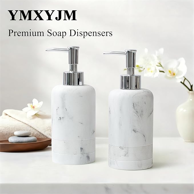 YMXYJM 2pcs/Set Hand Soap Dispenser Sets - 10.8oz Refillable Resin Liquid Soap Dispensers with Rust-Proof Pump for Bathroom Countertop or Kitchen, Marble White
