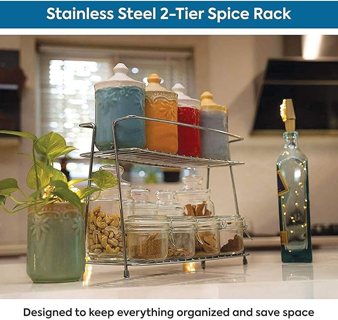 Stainless Steel Spice 2-Tier Trolley Container Kitchen Organizer storage rack/Basket for Boxes Utensils Dishes Plates for Home (Multipurpose Kitchen Storage Shelf Shelves Holder Stand