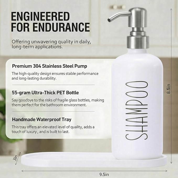 MOMEEMO Refillable Shampoo and Conditioner Bottles with Tray, Shower Shampoo Dispenser for Shower, Body Wash Dispenser for Shower, Shampoo Conditioner Dispenser with Stainless Steel Pumps (White)