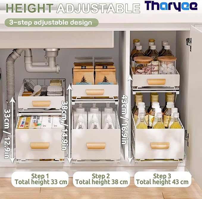 2 Tier Pull Out Pull out Cabinet Organizer with Adjustable Height, Under Sink Organizer, Slide out Pantry Shelves Drawer Storage for Kitchen Organization (White, 2 Tier)