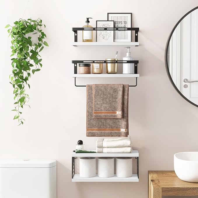 Fixwal Wall Mounted Bathroom Shelves Over Toilet, Rustic Wood Floating Shelves with Metal Frame and Towel Bar for Bathroom, Kitchen, Bedroom, Living Room (3 Plus 1 White)