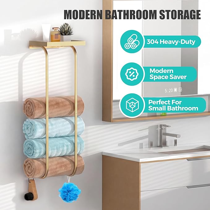 31" Towel Racks for Bathroom, Heavy-Duty Stainless Steel Holds 6 Large Rolled Towels,Wall Mounted Towel Holder with Shelf & Hooks,Extra-Wide Opening Wall Storage for Small Bathroom, Brushed Gold