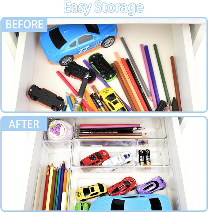 Manalete Drawer Organizers Set of 15, 4 Sizes Clear Plastic Drawer Organizers and Storage Bins for Kitchen, Bathroom, Office, Dresser Desk Drawer Organizer Tray for Jewelry, Makeup, Junk, Gadgets
