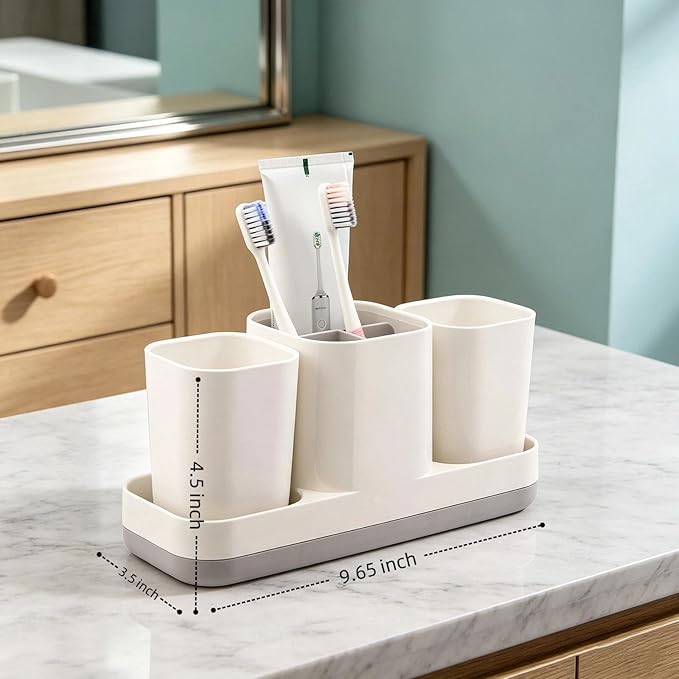 Toothbrush Holder for Bathroom, Electric Toothbrush and Toothpaste Organizer with 2 Cups, Bathroom Accessories Set for Kids and Families, White