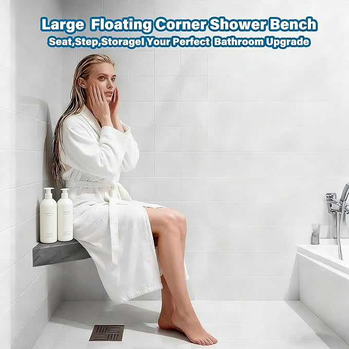 Floating Corner Shower Bench Kit - Custom Corner Shower Seat for Bathroom Remodel, Wall Mount Floating Shelf Serves as Shower Stool, Shaving Foot Rest & Storage, 22"x22"x31"