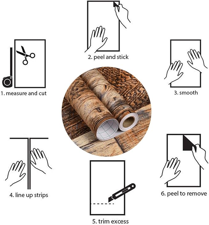 WENMER 17.71" x 394" Brown Wood Peel and Stick Wallpaper Shiplap Self Adhesive Wall Paper Wood Plank Wallpaper for Countertop Cabinet Shelf Drawer Wall Door