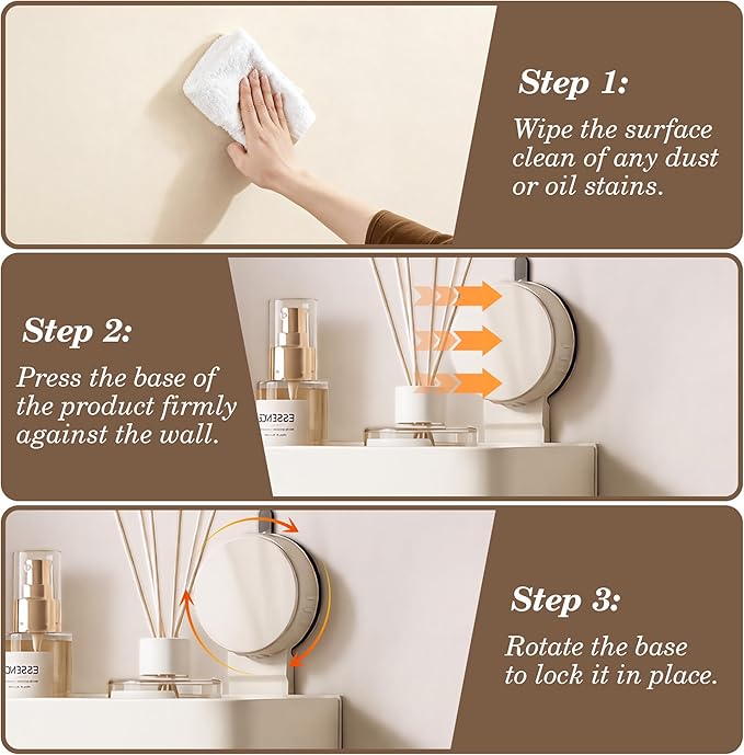 Wide Aluminum Suction Cup Shower Caddy(2-Pack Cream White),Shower Shelves for Bathroom Wall,Wall Mounted Bathroom Shelves with Towel Bar & Hooks