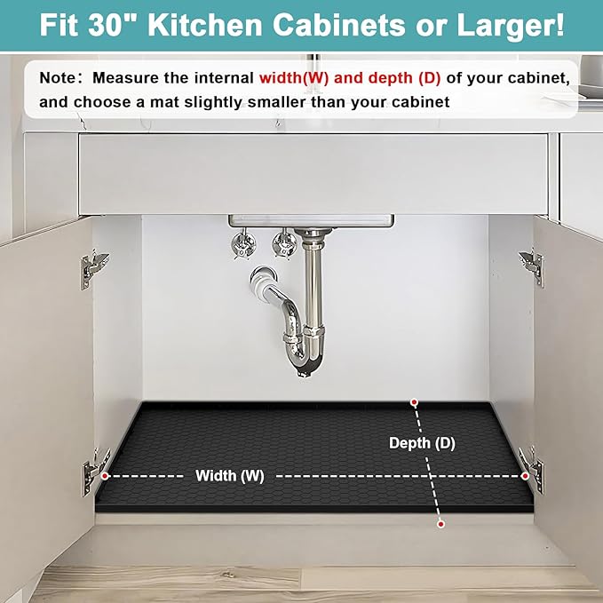 Under Sink Mat 28" x 22", Silicone Under Kitchen Sink Mat, Waterproof Under Sink Protector Mat, Shelf Liners Cabinet Liner for Kitchen and Bathroom, Black