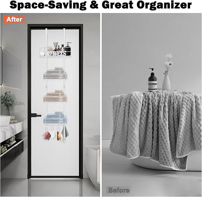 Over The Door Towel Racks, No Drill Towel Storage with Basket & Hooks, Space-Saving Multi-Functional Towel Holder for Bathrooms, bedrooms, Apartments, RVs (White, 5 Tier)