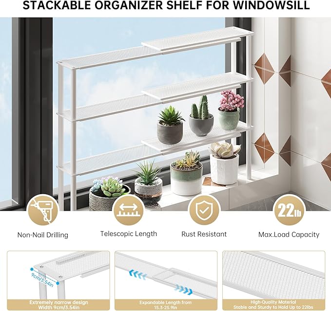 Expandable Window Shelf for Plants Kitchen Sink Organizer Stackable Narrow Shelves Kitchen Countertop Holder Mesh Design (1, White)