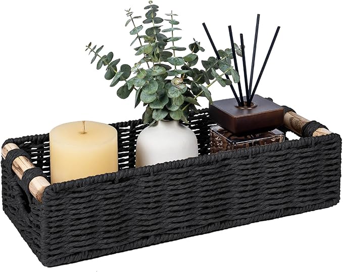 CubesLand Back of Toilet Storage Basket for Organizing w/Cut Out Handle, Handwoven Toilet Tank Top Paper Baskets, Small Wicker Decorative Basket for Countertop, Home, Living Room, Nursery, Black