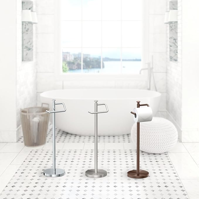 Gatco 1435C Freestanding Toilet Paper Holder, 23.68” H, Chrome | Toilet Tissue Roll Holder Stand With Weighted and Padded Base For Bathroom
